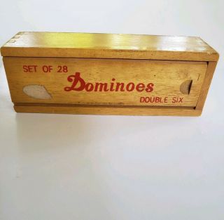 Vintage DOMINOES Set of 28 Double Six in Wooden Box Slide Lid 2