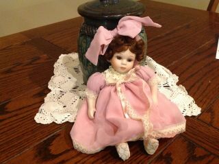 Vintage Porcelain Doll With Pink Dress And Lace Shoes.  9 " Unmarked