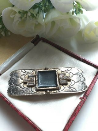 Vintage Old Jewellery - Engraved Deco Brooch With Black & Clear Glass Stones