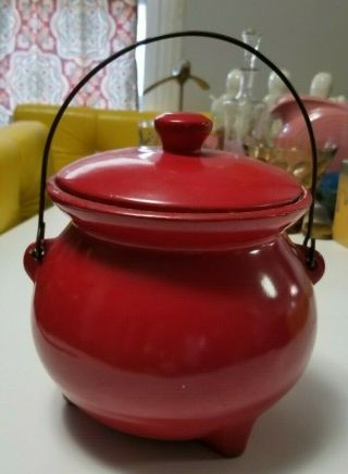 Vintage Mccoy Usa Red Cauldron Bean Pot With Lid