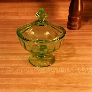 Vintage Hazel Atlas Ribbon In Green Depression Glass Candy Dish Circus Top Lid