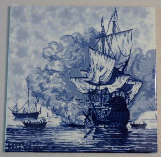 Delft Holland Tile Vintage Wall Hanging Ships Blue White Hand Painted