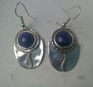 Vintage Hand Made Art Nouveau Style Silver (?) And Blue Earrings