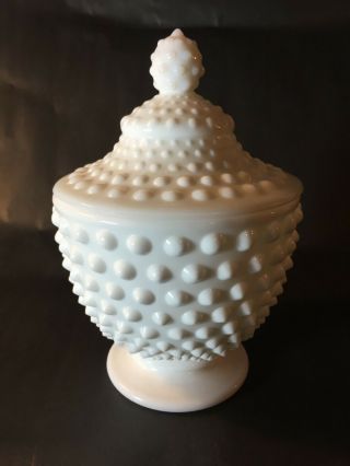Vintage Fenton White Milk Glass Hobnail Covered Candy Dish