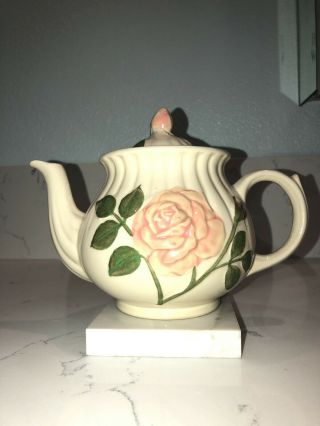Shawnee Usa Vintage Ceramic Ivory Teapot With Lid,  Hand Painted Pink Roses.