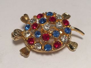 Vintage Gold Tone Rhinestone Red White Blue Turtle Pin Brooch Usa