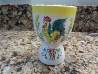 Vintage Rooster Double Egg Cup,  Hand Painted,  Flowers & Vines Yellow Trim