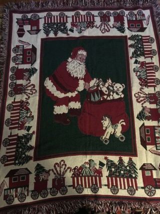 Vintage Woven Cotton Christmas Throw Blanket Santa Train Toys 46” X 54”