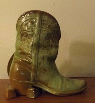 Vintage Frankoma Pottery Cowboy Boot & Horseshoes Planter - Prairie Green 3