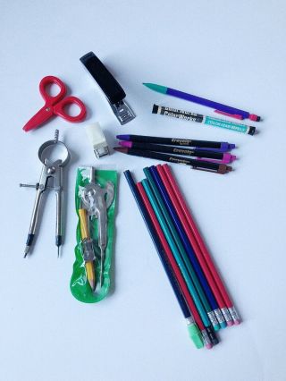Vintage 1980s 1990s Kids School Supplies Pencils Compass Scissors Stapler Lead