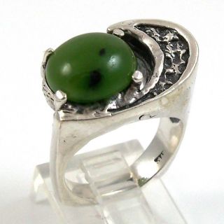 Vintage Sterling Silver Modernist Green Nephrite Jade Ring Size 6.  5 Ldg6