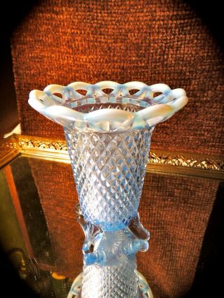 Vintage Imperial Opalescent Blue Diamond Point Open Weave Footed Vase