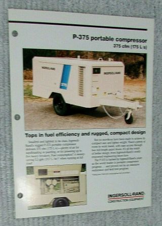 Vintage 1989 Ingersoll Rand Portable Air Compressor P - 375 1 Pg Brochure S/h