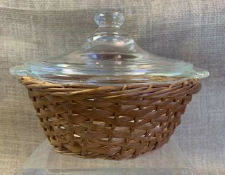 Vintage Fire King 1 Pint Lidded Dish With Wicker Holder