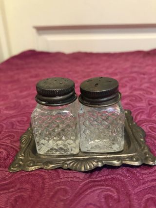 Vintage Mini Crystal Salt And Pepper Shaker Set With Silver Plated Tray