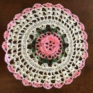 Vintage Doily Hand Crocheted Pink/green/white Flower Design Scalloped Edges 8 "