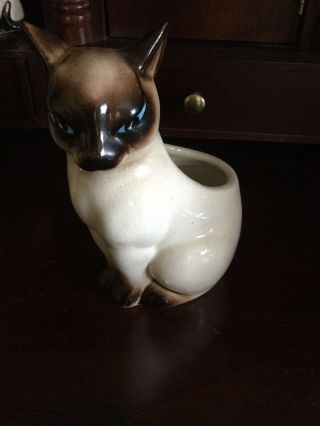 Vintage Siamese Cat Ceramic Planter Trinket Dish Sable Color Blue Eyes 7.  5x 5”