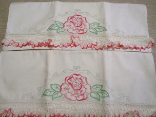Vintage Pillowcases.  Embroidered Roses.  Crochet Lace Edge