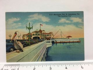 Linen Postcard Recreation Pier St.  Petersburg Florida Fl,  Cars Pelican Vintage