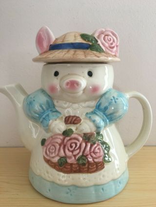 Vintage Lady Pig In Dress With Hat Flowers Handle Ceramic Teapot 6.  5 " Decor