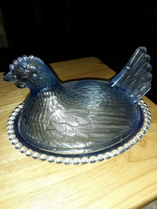 Vintage Blue Glass Chicken Hen On Nest Covered Candy Dish.