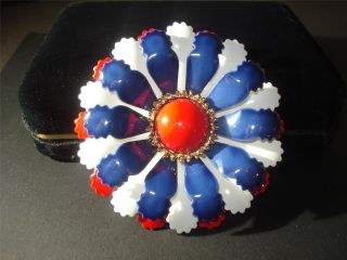 Vintage Patriotic Large,  Metal Flower Brooch,  Red,  Blue,  White Enamel,  Perfect