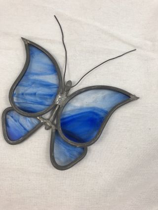 Vintage Stained Glass Hanging Window Suncatcher Ornament Blue & White Butterfly