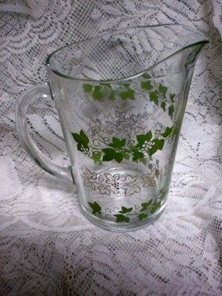 Vintage Clear Glass Beverage Pitcher Heavy With Ice Lip Green & Gold Ivy Leaves