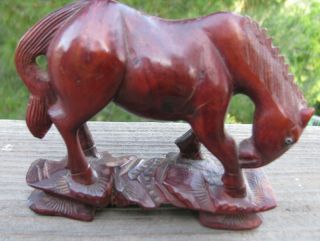 Vintage Carved Wood Chinese Horse Figurine 1950s Glass Eyes