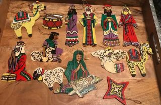 13 Vintage Wooden Hand Painted Double Sided Christmas Ornaments Nativity Scene