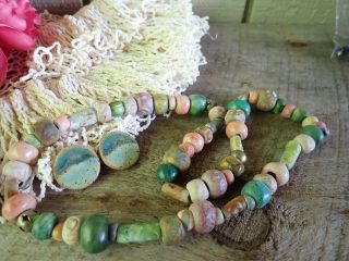 Vintage Pottery Beaded Necklace & Post Earrings Artisan Handmade Soft Colors