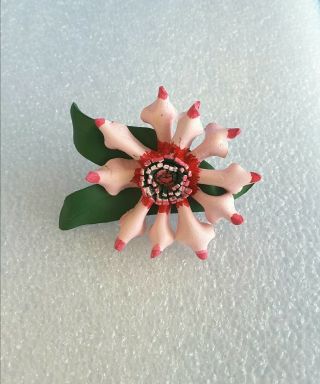 Vintage Hand Crafted Leather Pink Flower Brooch Pin 1950s