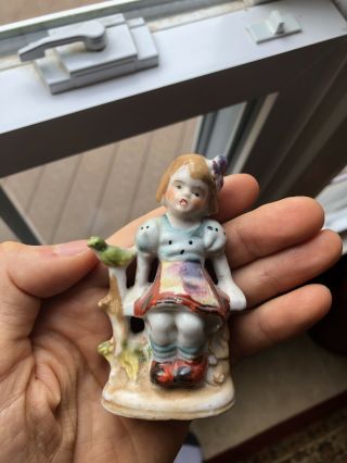 Vintage Pico Made In Occupied Japan Ceramic Figurine Girl On Bench Bird Figure