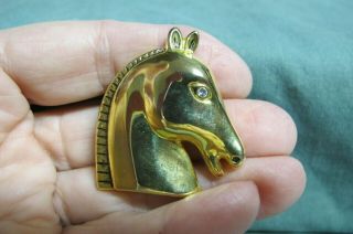 Vintage Gold Tone Horse Head Brooch Pin W/ Clear Rhinestone Eye