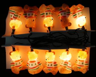 Vintage Teddy Bear Christmas String Lights Set - 10 Blow Mold Plastic Club Santa