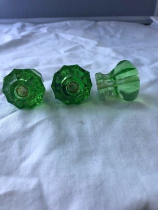 3 Vintage Uranium/vaseline Glass Drawer/cabinet Knobs/pulls W/hardware Green