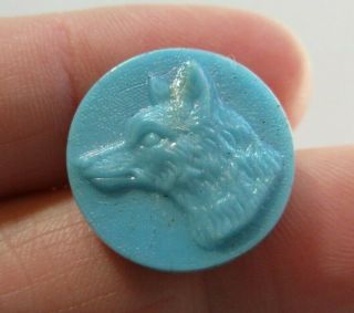 Pristine Rare Antique Vtg Victorian Turquoise Glass Picture Button Wolf Dog (b)