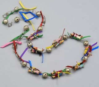 Vintage Mexican Multi - Color Wooden Dolls & Bells Link Necklace 30.  6 Grams