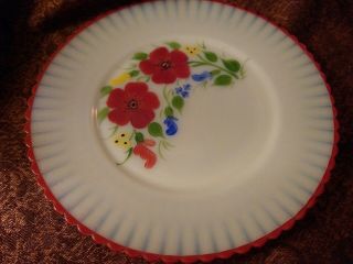 Vintage Milk Glass Plate Handpainted Red Flowers Scalloped Edge U.  S.  A.