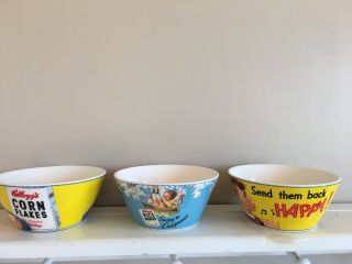 Set Of 3 Vintage Kellogg’s Cereal Bowls,  2005,  2 Corn Flakes,  1 Rice Crispies