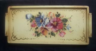 Vintage Hand Painted Shabby Tole Painted Wooden Handle Tray 21  X 9 1/2