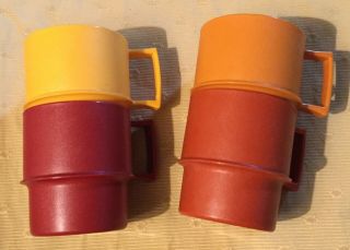 4 Vintage Tupperware Stackable Mugs Coffee Cups W/ Coaster Lids Harvest Colors