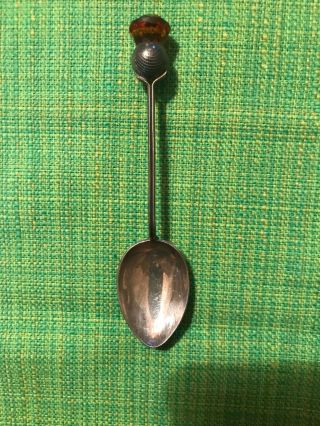 Vintage Sterling Silver Scotland Souvenir Spoon Amber Color Glass Thistle 4 - 5/8