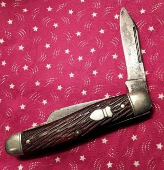 Vintage Schrade Walden N.  Y.  U.  S.  A.  Stockman Folding Pocket Knife,  Bone Handle