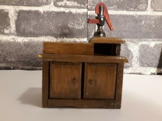 Vintage Dollhouse Miniatures Wood Kitchen Dry Sink With Water Pump Cabinet 1:12