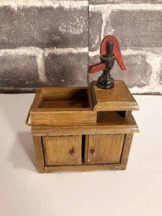 Vintage Dollhouse Miniatures Wood Kitchen Dry Sink With Water Pump Cabinet 1:12 2
