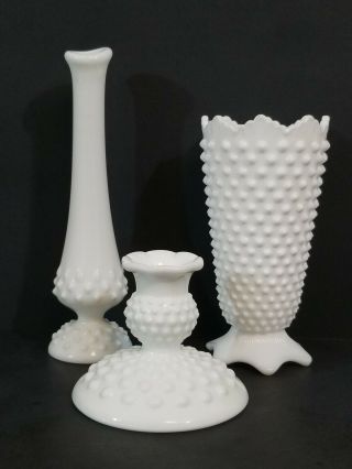 Vtg White Hobnail Milk Glass Set 2 Candle Holders & Flower Bud Vase