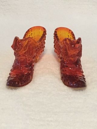 Set Of 2 Vintage Fenton Red & Orange Glass Hobnail Cat Shoe Slippers