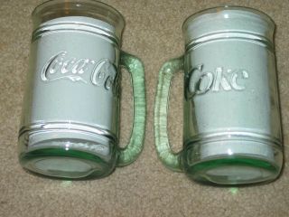Two Vintage Coca Cola Green Glass Mugs With Handles