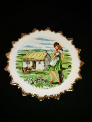 Vintage Japan Souvenir Irish Girl Farm Cottage Scalloped Gold Trim Decor Plate